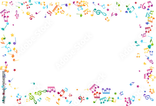 Frame from rainbow flying musical notes, starry and heart design elements. Creative children music. Colorful vector decoration.