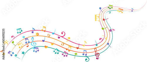 Rainbow curve from flying musical notes, starry and heart design elements. Creative children music. Colorful vector decoration.