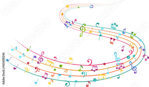 Swirl from rainbow flying musical notes, starry and heart design elements. Creative children music. Colorful vector decoration.