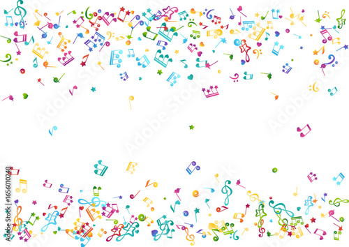 Border from rainbow flying musical notes, starry and heart design elements. Creative children music. Colorful vector decoration.