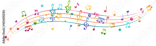 Wave from rainbow flying musical notes, starry and heart design elements. Creative children music. Colorful vector decoration.