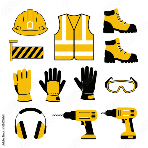 A curated collection of essential personal protective equipment and industrial tools, depicted as modern flat design icons, symbolizing workplace safety.