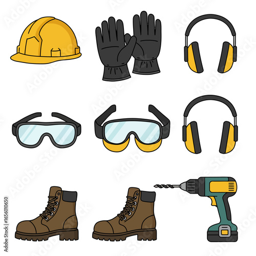 Isolated vector illustration displays necessary safety equipment for construction workers, including a hard hat, gloves, safety glasses, ear protection, boots, and a drill.