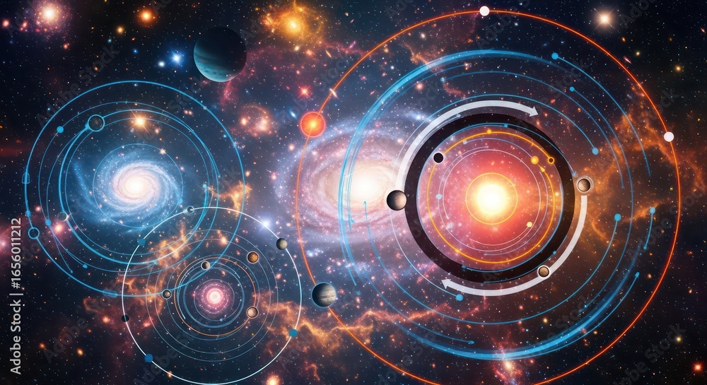 Fototapeta premium Cosmic Cartography: Charting Planetary Orbits Across Luminous Galaxies