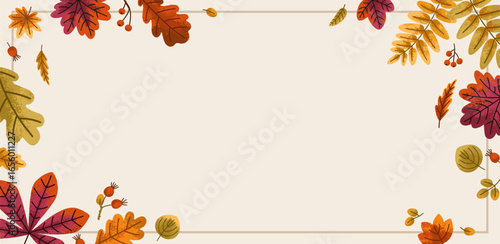 Fall leaves, framed background. Autumn leaf pattern, botanical decoration from orange, yellow and red foliage flying, falling. Seasonal horizontal design, nature decor. Flat vector illustration