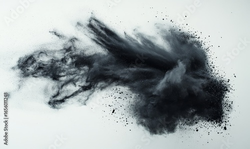 Black chalk pieces and dust exploding in an artistic display on a white background, illustrating movement, creativity, and the impact of design, Generative AI