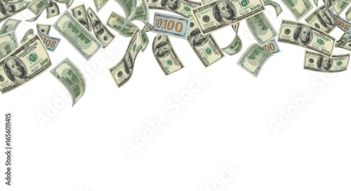 One hundred dollar bills are falling down from above isolated on transparent background