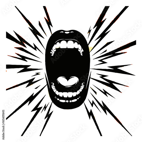 Monochrome Screaming Mouth Graphic silhouette, Vector Art of a Loud Voice, Symbol of Outburst and Protest, Abstract Graphic of Anger.