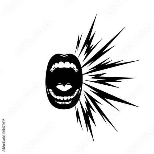 Monochrome Screaming Mouth Graphic silhouette, Vector Art of a Loud Voice, Symbol of Outburst and Protest, Abstract Graphic of Anger.