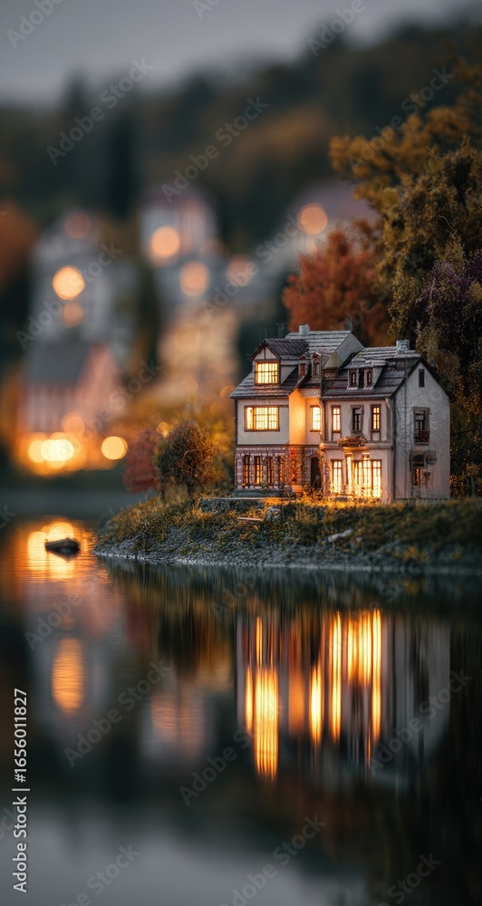Fototapeta premium Miniature house by a lake at twilight