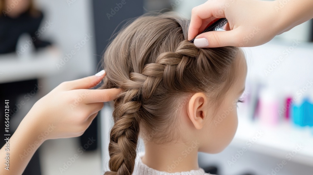 Child's hair being styled with care by hairdresser, focus on braid creation and tools Child's hair being styled with care by hairdresser, focus on braid creation and tools