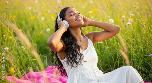 Young Afro-Latino Woman Relaxing Outdoors with Headphones Listening to Music.