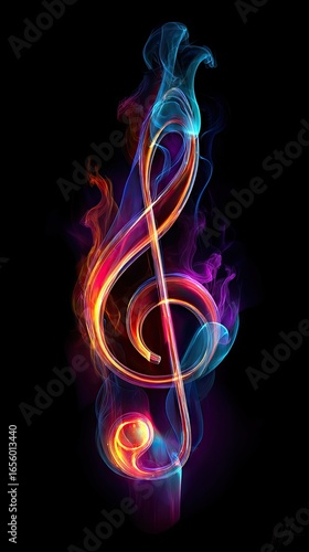 Vibrant musical note in swirling fire and smoke
