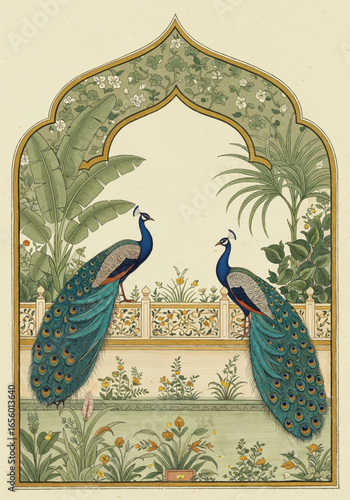 Classic Mughal wedding vector insignia monogram design with Pichwai celebration motif, royal marriage symbol illustration for logos and invitations