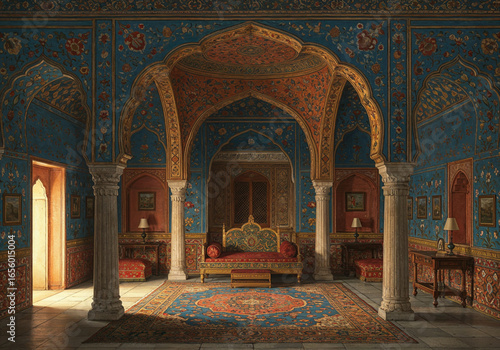 Vintage Mughal miniature vector mural of palace interior featuring golden throne, arches, and carpet, ornate heritage artwork for wall art decoration
