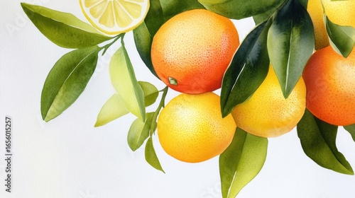 Citrus mix watercolor painting, vibrant yellows, oranges, and greens