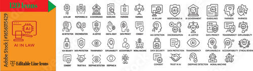 A collection of line icons related to Artificial Intelligence (AI) ethics and responsible AI development - Containing fairness, transparency, guidelines, artificial intelligence, ethical dilemma