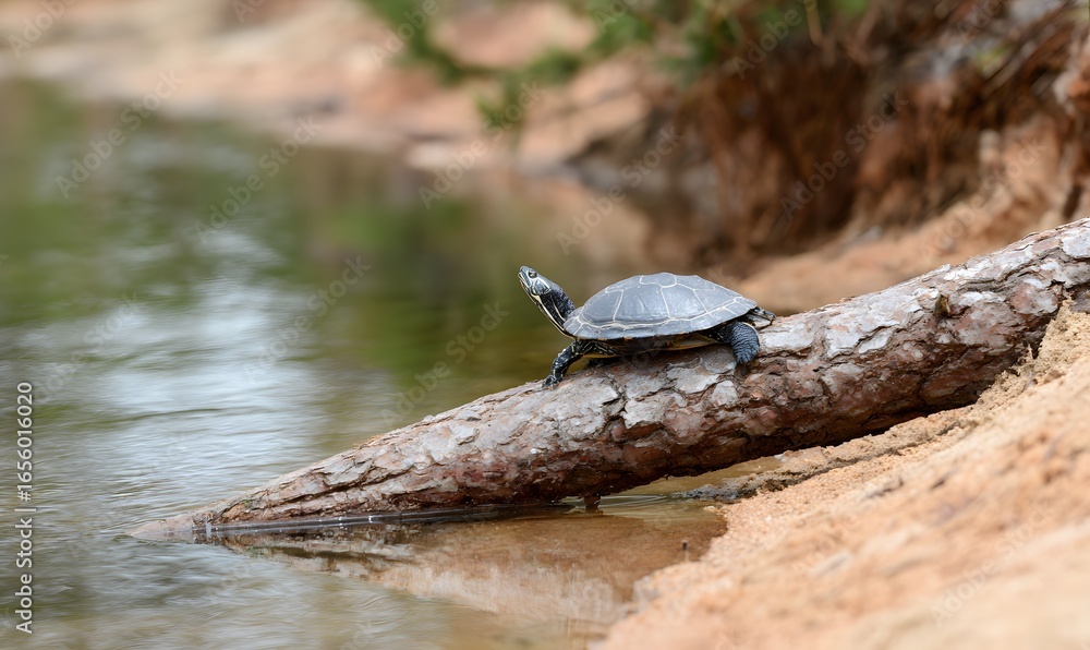 Fototapeta premium an terrapin turtle chilling on a log by a sandy river