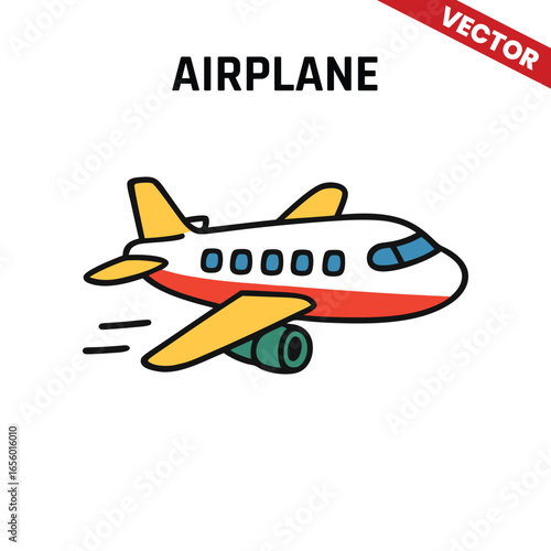 simple vector illustration of a white airplane flying with a yellow tail and red engine, with a minimalistic design and sky in the background