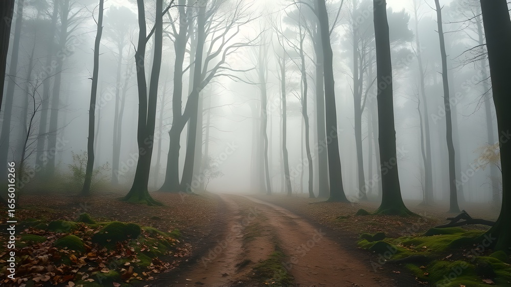 Fototapeta premium Misty morning sunlight filters through the green foliage and tall trees of a tranquil autumn forest