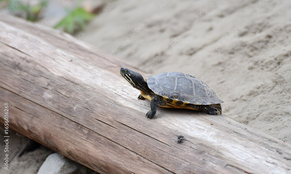 Obraz premium an terrapin turtle chilling on a log by a sandy river