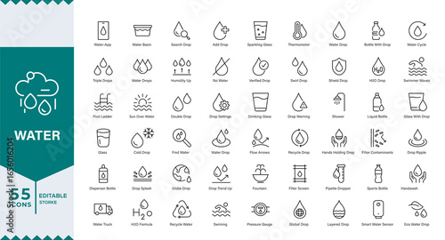  Pixel Perfect, water icon collection real estate. Drop Water, Mineral Water, Low and High Tide, Shower, Plastic Bottle and Glass.