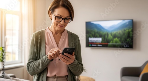 Smart Living: A Satisfied Senior Woman Uses Her Smartphone as a Remote to Cast a Video to Her Smart TV.