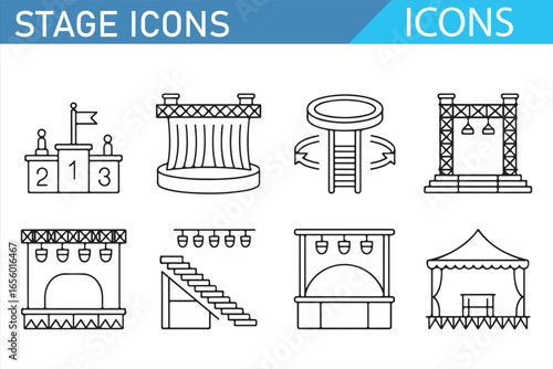 Collection of Simple Icons Representing Stage Decorations and Setup