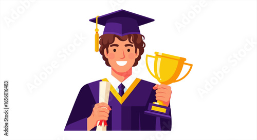 Graduation scholarship recipient proudly holding a diploma and golden trophy celebrating academic success and future opportunities in a promising educational journey perfect for university websites.