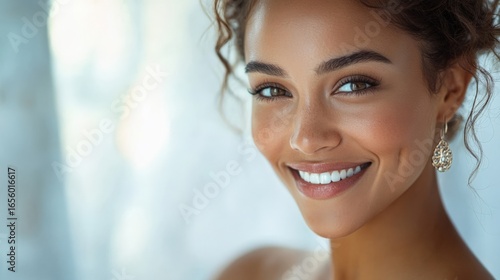 Free Download Beautiful Woman Profile Portrait with Golden Earring Bob Hair Style over dark Brown. Beauty Model Face with perfect Nose and Full Lips Make up side view. Sexy Girl Glamour Portrait - GFXLoad