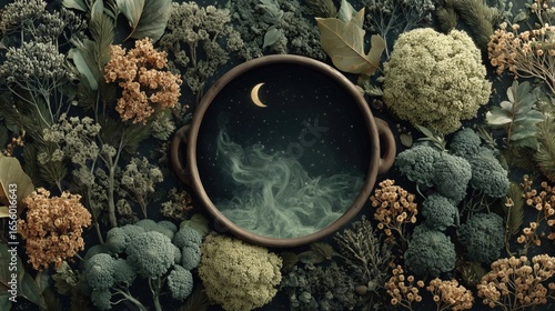 Witch's cauldron with swirling green smoke. Surrounded by twisted roots, mushrooms, whimsical plants, fool moon. Mystical Halloween wallpaper, spooky background, seasonal backdrop