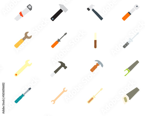 A collection of sixteen different hand tools including saws, hammers, wrenches, and screwdrivers arranged in a grid pattern.