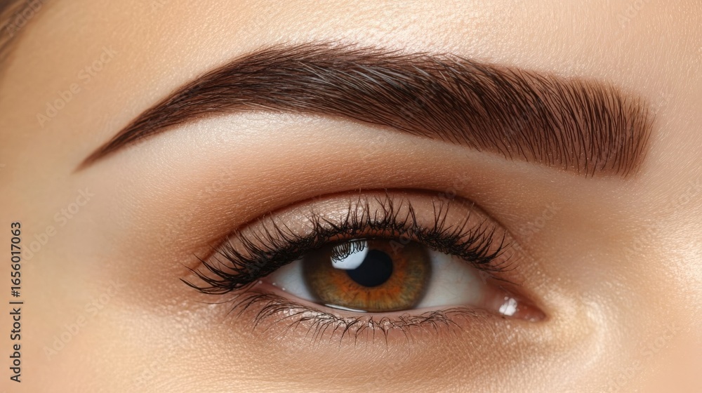 Fototapeta premium Close-up of a woman's eyes with well-defined eyebrows, full lashes, and smooth skin, highlighting meticulous grooming. Concept of beauty, eyebrow shaping kit, grooming and natural brow look.