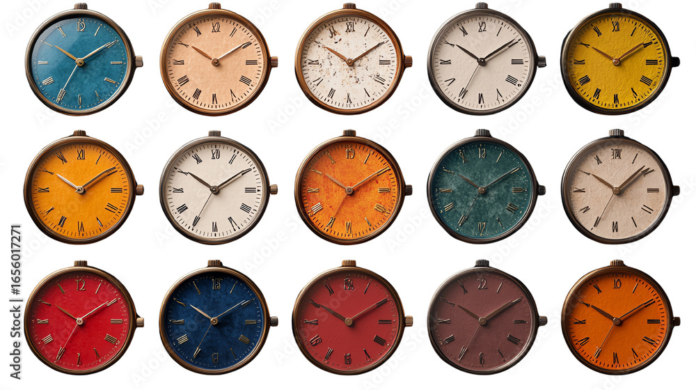 Fototapeta premium A collection of colorful wall clocks displayed in a grid, showcasing various designs and vibrant shades.