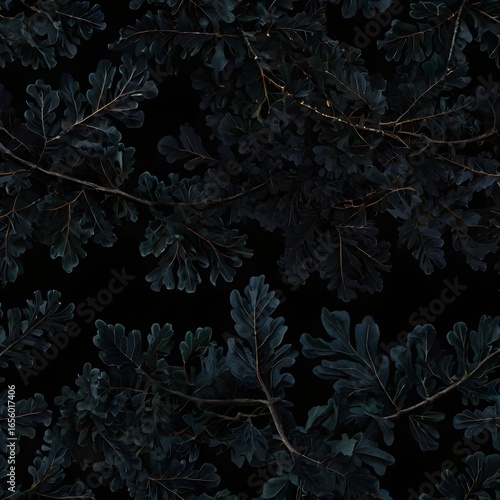 Dark Green Oak Tree Foliage with Branches in Low Light