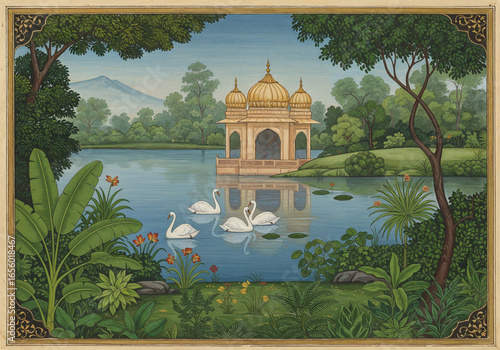 Majestic lake with swans surrounded by Mughal era botanical garden and forest landscape, vector illustration for elegant wall art mural decoration
