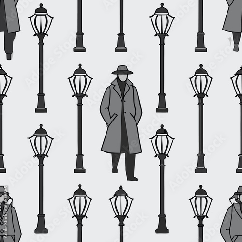 Man in trench coat and hat standing among vintage street lamps vector