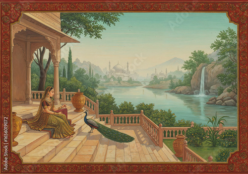 Mughal queen on palace stairs beside majestic lake and waterfall, Indian miniature style vector mural wallpaper with scenic tropical landscape decor
