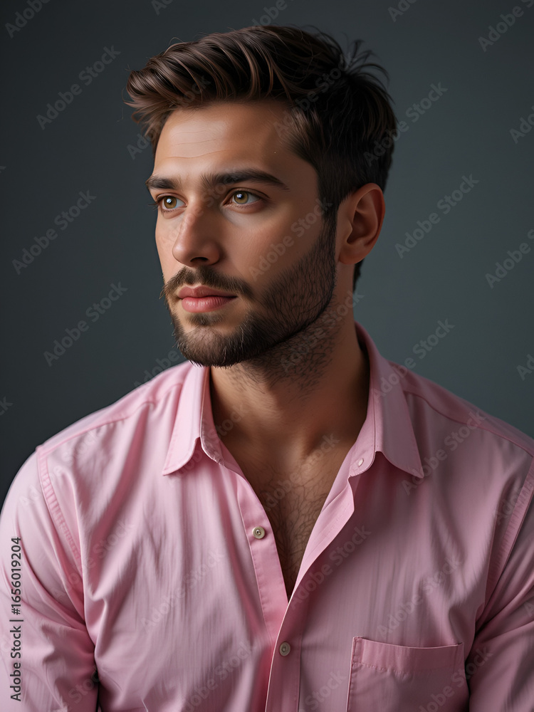 Obraz premium Man in a pink shirt with a sidelong glance.