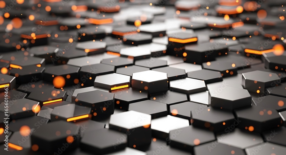 Fototapeta premium Modern Metallic Hexagon Texture Background with Orange Glowing Edges Abstract