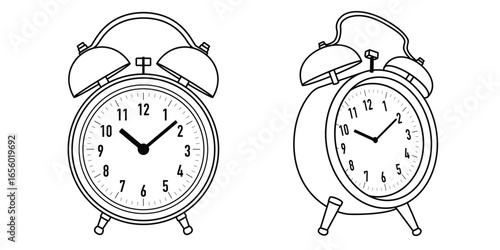 Outline alarm clock, front and three quarter view. . Vector illustration isolated on white background