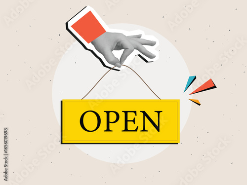 Black and white hand holding Open sign. Modern collage style. Vector illustration