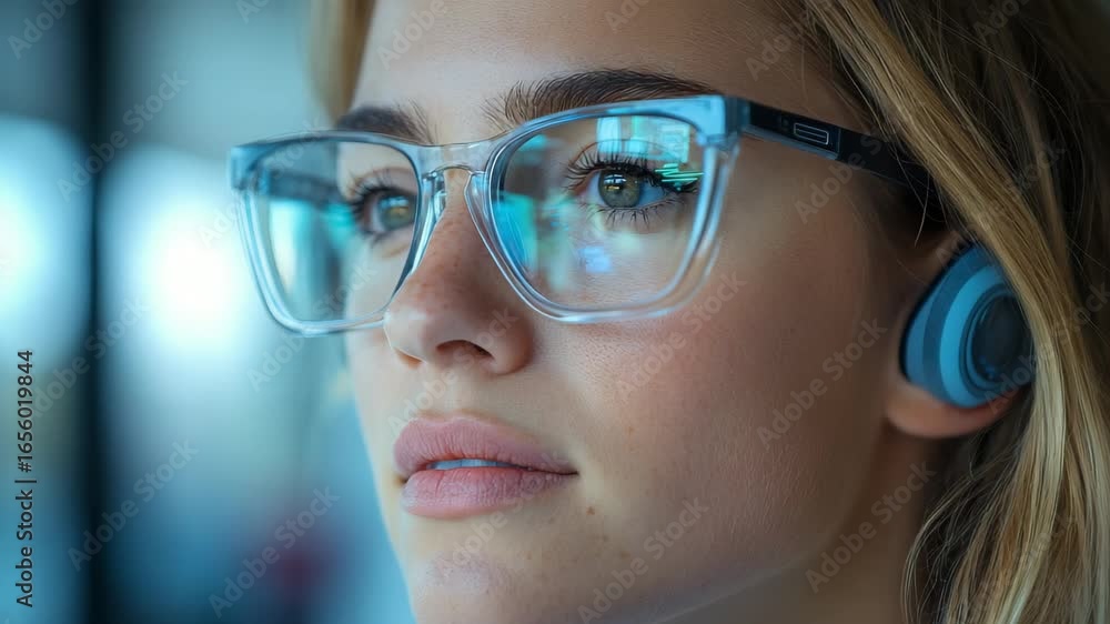 A young woman embraces her passion for innovation and style as she effortlessly combines trendy glasses with sleek headphones, all while immersed in an inspiring urban landscape at dusk. A young woman embraces her passion for innovation and style as she effortlessly combines trendy glasses with sleek headphones, all while immersed in an inspiring urban landscape at dusk.