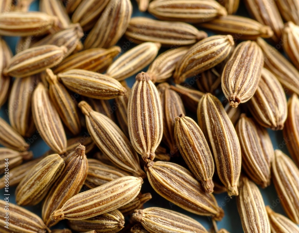 Fototapeta premium Macro photo of cumin seeds scattered across a smooth deep teal surface
