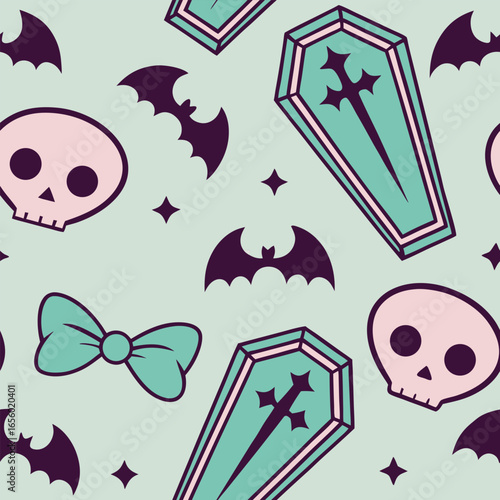 Pastel goth pattern with skulls bats and coffins on light green background vector
