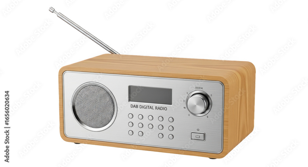 Fototapeta premium Wooden dab digital radio with antenna isolated on transparent background