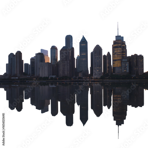 Stunning city skyline at dusk with captivating reflections, perfect for urban themes.