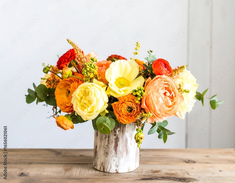 Obraz premium Vibrant autumnal floral arrangement in a rustic vase