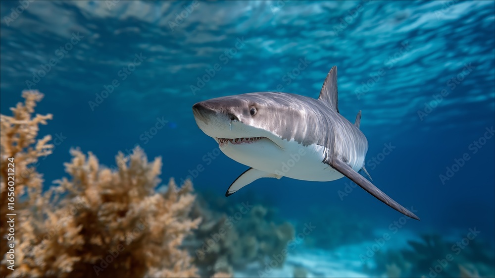Fototapeta premium A powerful shark glides through vibrant coral formations in tranquil blue waters.