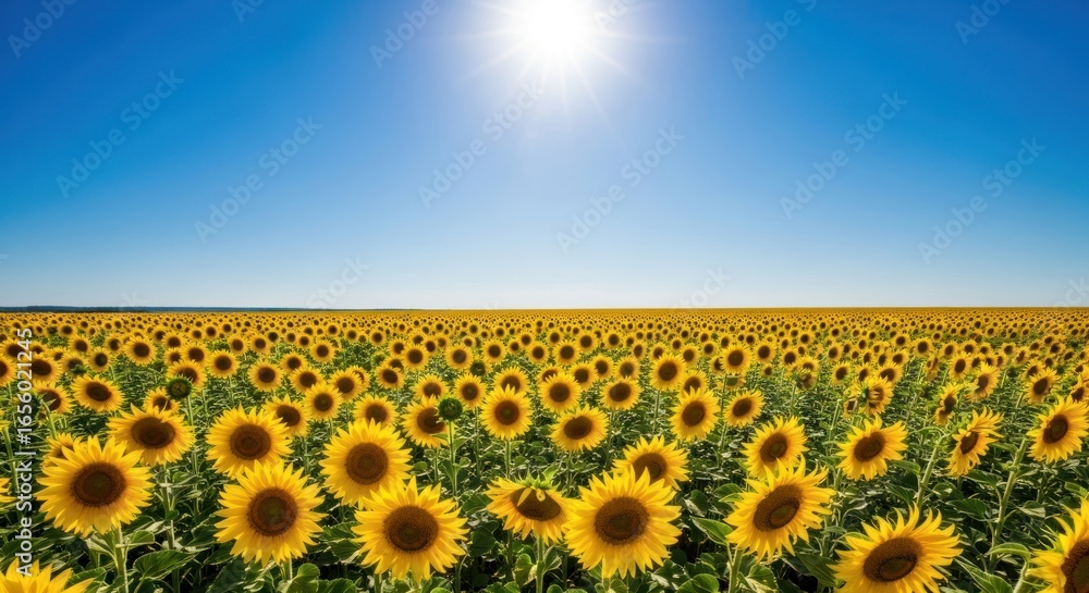 Fototapeta premium Endless Golden Sunflower Field Bathed in Bright Midday Sunlight